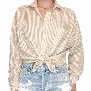 The workshop Striped Tie-Front Button-Up Shirt - Beige size small